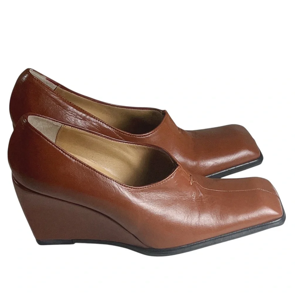 Bolero Italian Cognac Leather Square Toe Wedges Sz 38/US 7 Menswear‎ Office NWOT